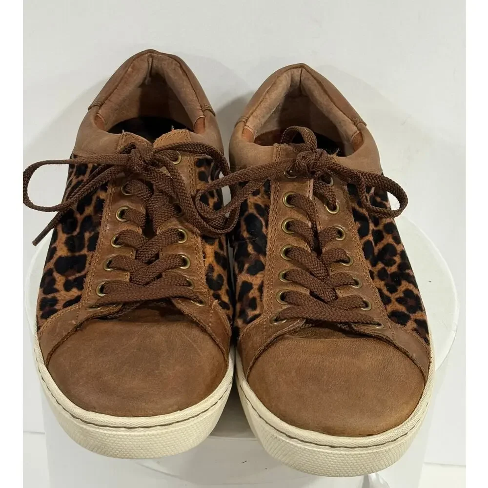 Born Leather Leopard Print Sneakers Brown Low Top Lace Up Women's 9M Animal Shoe